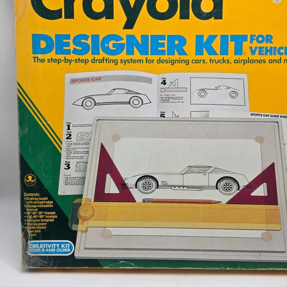 Crayola Designer Kit Vehicles Kids Yellow Vintage 1989 Drafting‎ Set Retro Toy